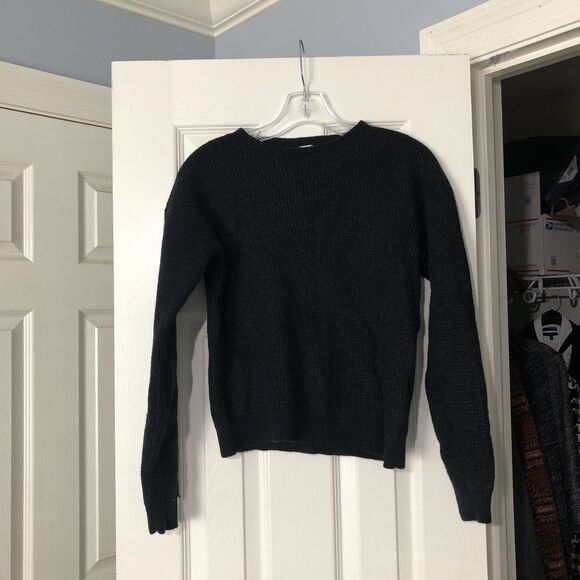 Aritzia Wilfred Free Sweater M Isabelli Black Merino Wool Waffle Knit Crew Neck - Picture 2 of 7